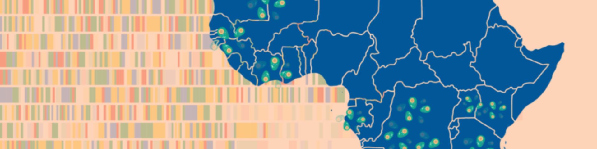 Graphic of malaria parasites and DNA reads over map of Africa