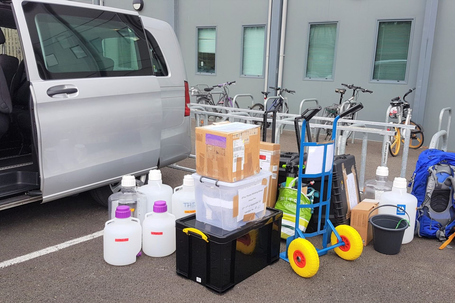 Scientific equipment being loaded for a field trip